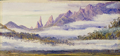 Organ Peaks, seen over the morning mists from Theresopolis, Brazil