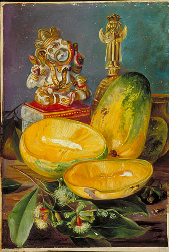 Foliage and Flowers of the Clove, Fruit of the Mango, and Hindoo God of Wisdom